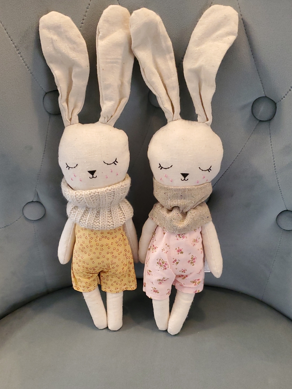 2 Bunny Plush Pair with Pink and Yellow Floral Rompers
